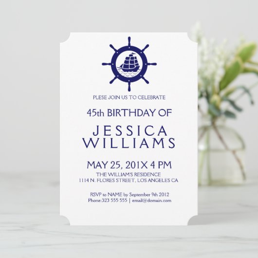 Blauwe Nautical Boat Wheel Birthday Party nodigt u Kaart (Staand voorkant)