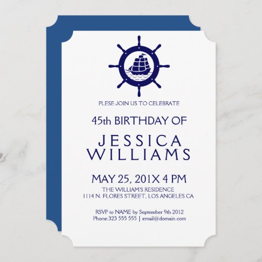 Blauwe Nautical Boat Wheel Birthday Party nodigt u Kaart (Voorkant / Achterkant)