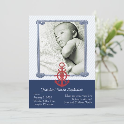 Blauwe Nautical Photo Baby Annountion Aankondiging (Staand voorkant)