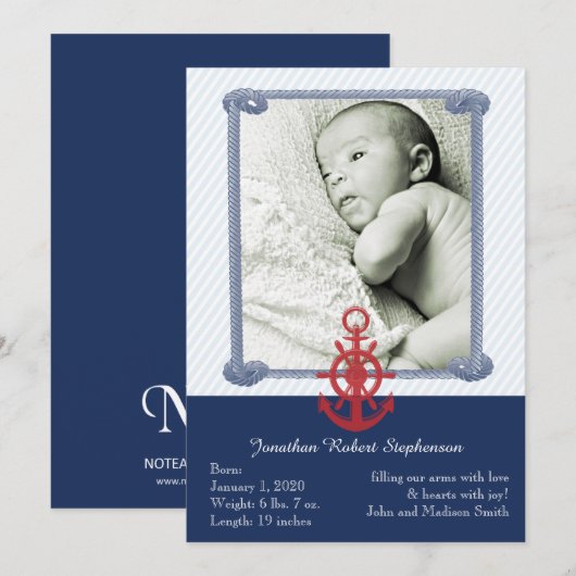 Blauwe Nautical Photo Baby Annountion Aankondiging (Voorkant / Achterkant)