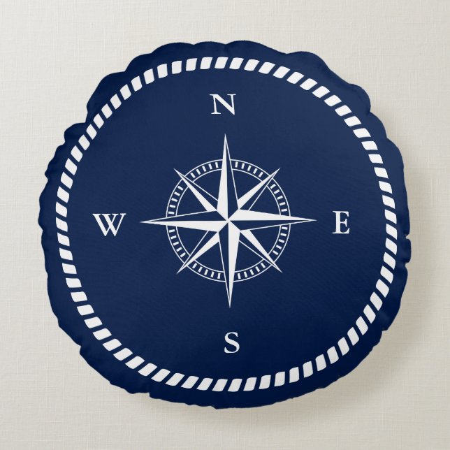 Blauwe Nautical Pillow, Compass, Maritime Rond Kussen (Voorkant)