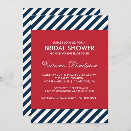 Blauwe Nautical Stripes Bridal Shower Uitnodiging (Voorkant / Achterkant)