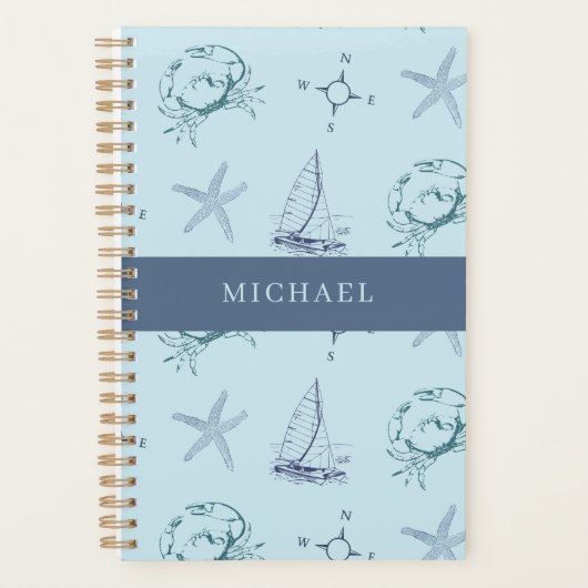 Blauwe Nautilus Krab Zeester Boot Patroon Planner (Voorkant)