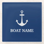 Blauwe Nautische Anker Boot Naam Glazen Onderzetter (Voorkant)