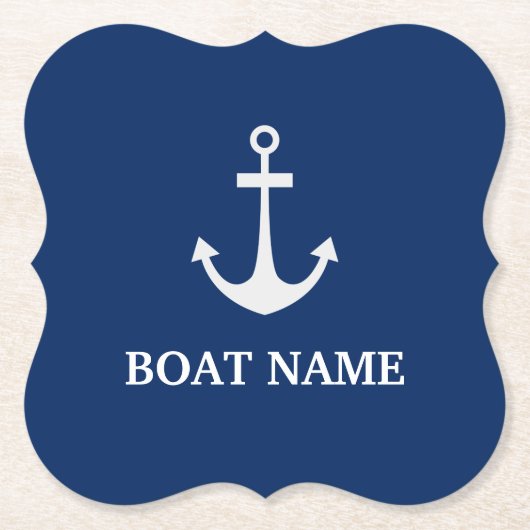 Blauwe Nautische Anker Boot Naam Kartonnen Onderzetters (Voorkant)