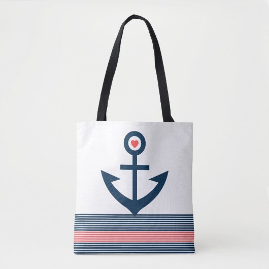 Blauwe nautische boot anker strepen rood hart tote bag (Voorkant)