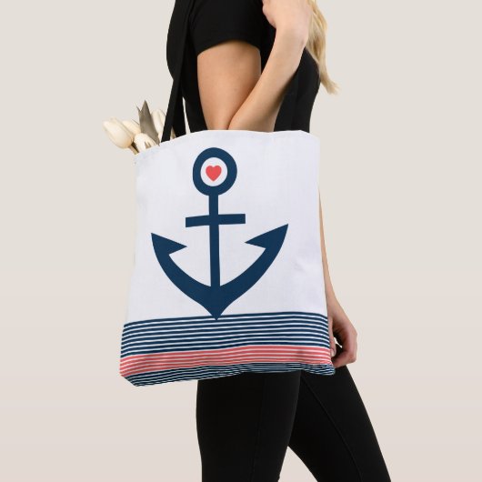 Blauwe nautische boot anker strepen rood hart tote bag (Dichtbij)