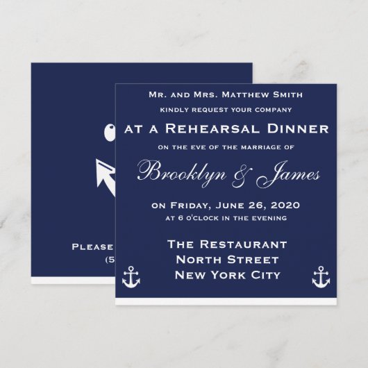 Blauwe nautische bruiloft repetitie diner uitnodig kaart (Voorkant / Achterkant)