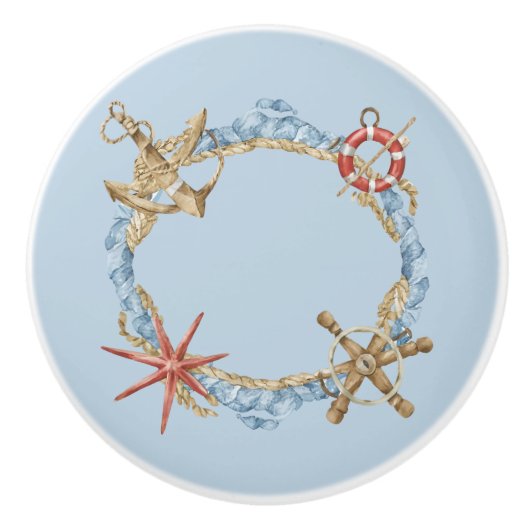 Blauwe nautische Design op lichtblauw Keramische Knop (Voorkant)