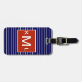 Blauwe nautische horizontale strepen rood monogram bagagelabel (Voorkant horizontaal)