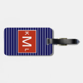 Blauwe nautische horizontale strepen rood monogram bagagelabel (Achterkant horizontaal)