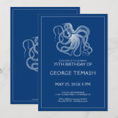 Blauwe nautische octopus Birthday, uitnodiging (Voorkant / Achterkant)