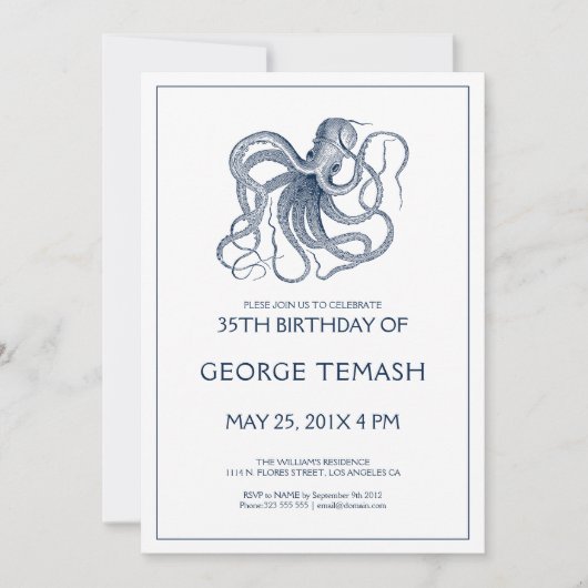 Blauwe nautische octopus verjaardag Uitnodiging 2 (Voorkant)