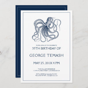 Blauwe nautische octopus verjaardag Uitnodiging 2