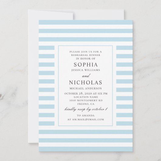 Blauwe nautische strepen bruiloft repetitie diner kaart (Voorkant)