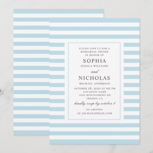 Blauwe nautische strepen bruiloft repetitie diner kaart (Voorkant / Achterkant)