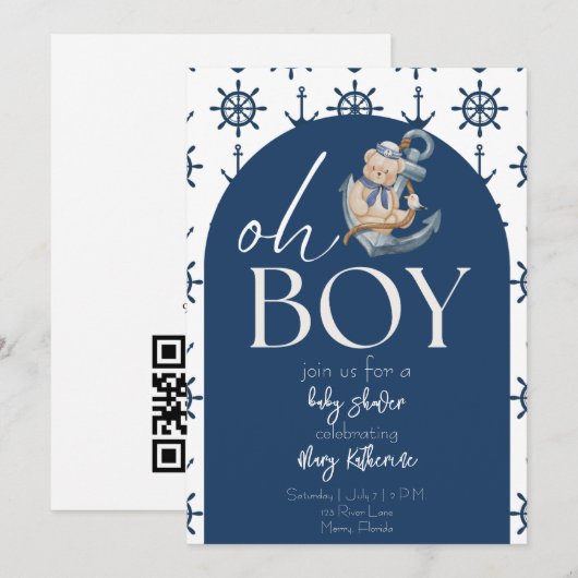 Blauwe Nautische Teddybeer Baby shower Kaart (Voorkant / Achterkant)