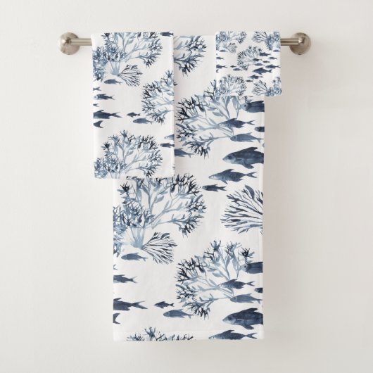 Blauwe nautische vis en koraal patroon bad handdoek (Insitu)