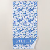 Blauwe nautische vis zeester gepersonaliseerd strandlaken (Voorkant)