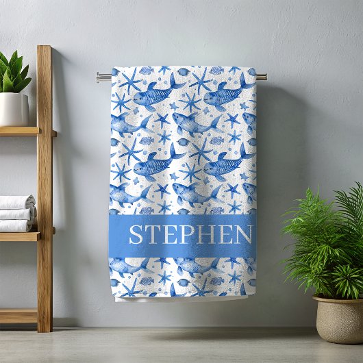 Blauwe nautische vis zeester gepersonaliseerd strandlaken