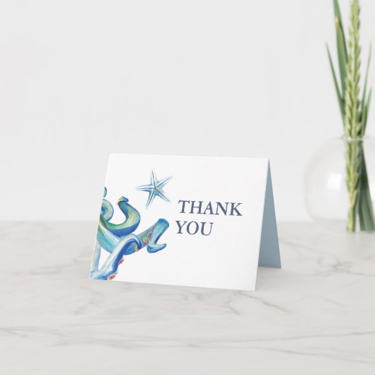 Blauwe nautische Waterverf gevouwen bedankkaarten Bedankkaart (Voorkant)