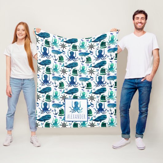 Blauwe nautische Waterverf onder de Zee octopus Fleece Deken (In situ)