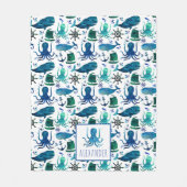 Blauwe nautische Waterverf onder de Zee octopus Fleece Deken (Voorkant)