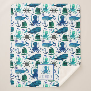 Blauwe nautische Waterverf onder de Zee octopus Sherpa Deken