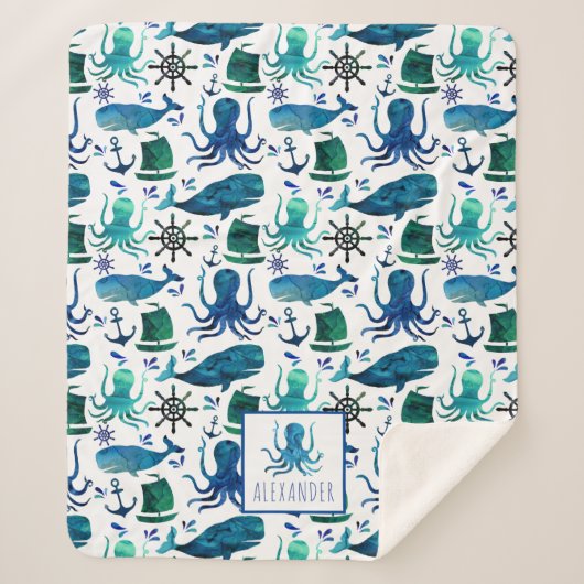 Blauwe nautische Waterverf onder de Zee octopus Sherpa Deken (Voorkant)