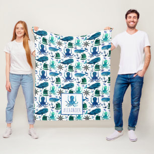 Blauwe Nautische Waterverf onder het Zee octopus Fleece Deken