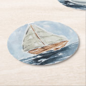 Blauwe nautische Waterverf zeilboot Ronde Kartonnen Onderzetter (Gebogen)