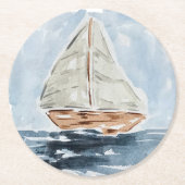 Blauwe nautische Waterverf zeilboot Ronde Kartonnen Onderzetter (Voorkant)