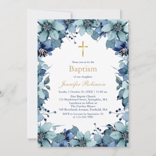 Blauwe Navy Bloemdoop Uitnodiging (Voorkant)