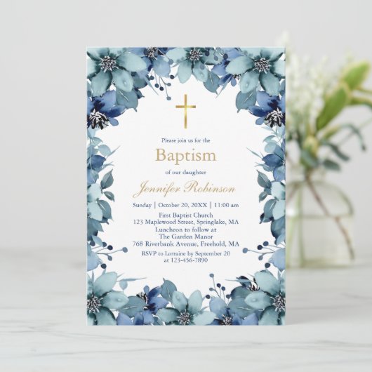 Blauwe Navy Bloemdoop Uitnodiging (Staand voorkant)