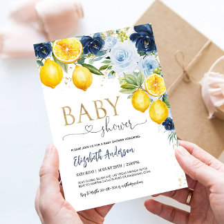 Blauwe Navy Citroen Bloemige Baby Shower Uitnodigi Kaart