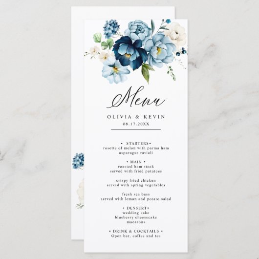 Blauwe Navy Cream Elegante Retro Bloemen Huwelijk Menu (Voorkant / Achterkant)