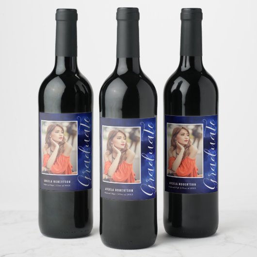 Blauwe Nebula Space Stylish Modern Photo Afstudere Wijn Etiket (Flessen)