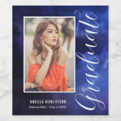 Blauwe Nebula Space Stylish Modern Photo Afstudere Wijn Etiket (Enkel label)