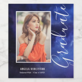 Blauwe Nebula Space Stylish Modern Photo Afstudere Wijn Etiket (Enkel label)