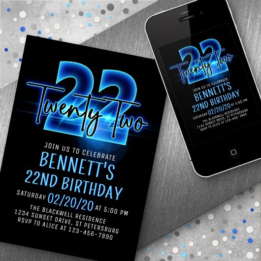 Blauwe Neon 22e Verjaardag uitnodiging