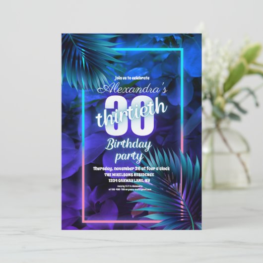 Blauwe Neon 30e verjaardagsfeest Kaart (Staand voorkant)