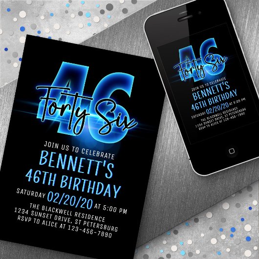 Blauwe Neon 46e verjaardag uitnodiging