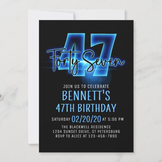 Blauwe Neon 47e verjaardag uitnodiging (Voorkant)