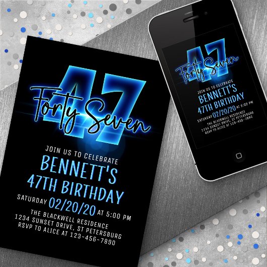 Blauwe Neon 47e verjaardag uitnodiging