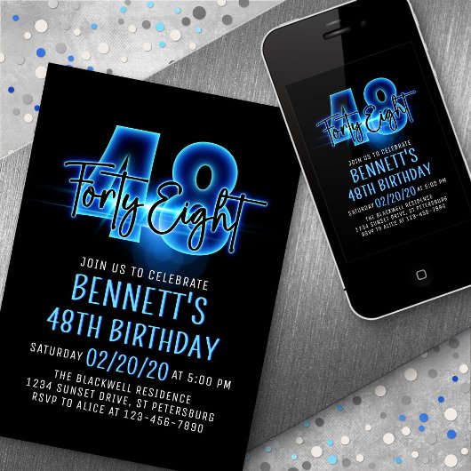 Blauwe Neon 48e verjaardag uitnodiging