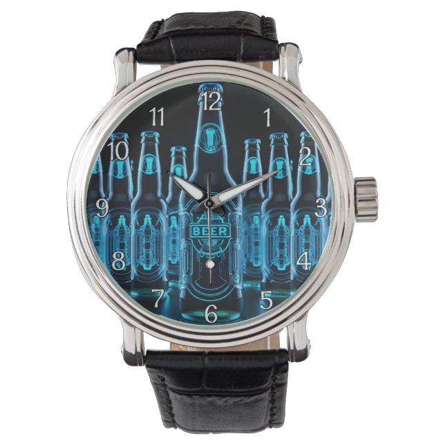 Blauwe Neon Bierflessen Horloge (Voorkant)