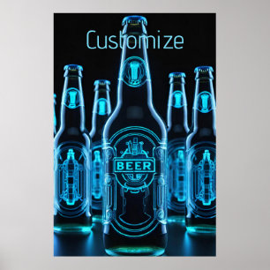 Blauwe Neon Bierflessen Poster