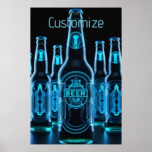 Blauwe Neon Bierflessen Poster (Voorkant)