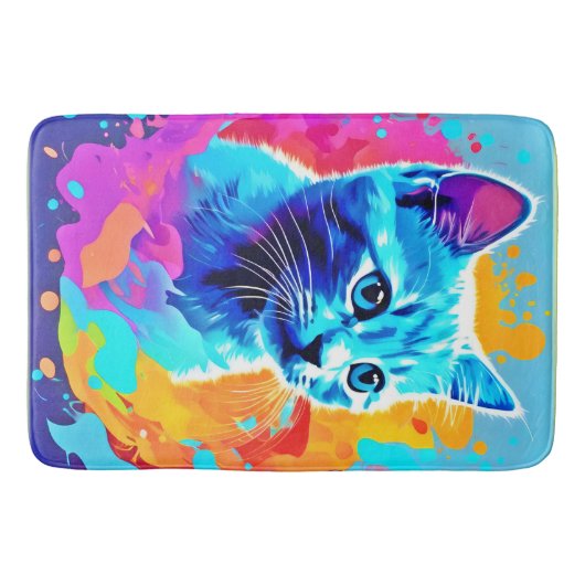 Blauwe Neon Cat in Splatter Badmat (Voorkant)
