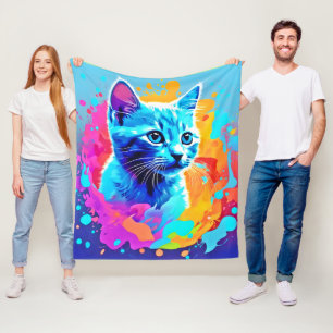 Blauwe Neon Cat in Splatter Fleece Deken